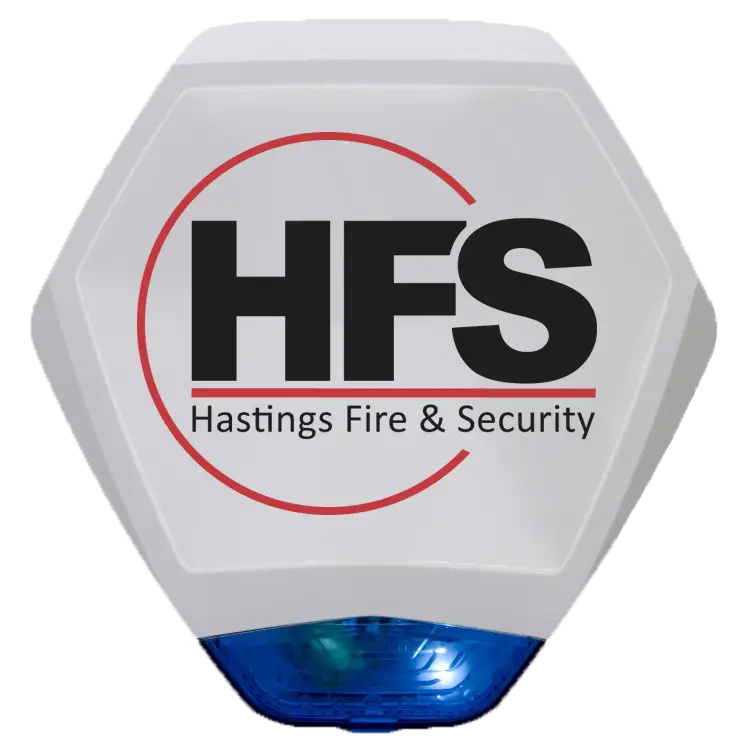 White alarm ringer with blue light and Hastings Fire & Security Logo